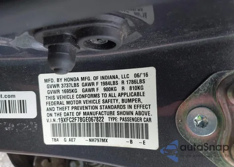 2016 Honda Civic Ex z USA, uszkodzony, nr VIN 19XFC2F78GE067822